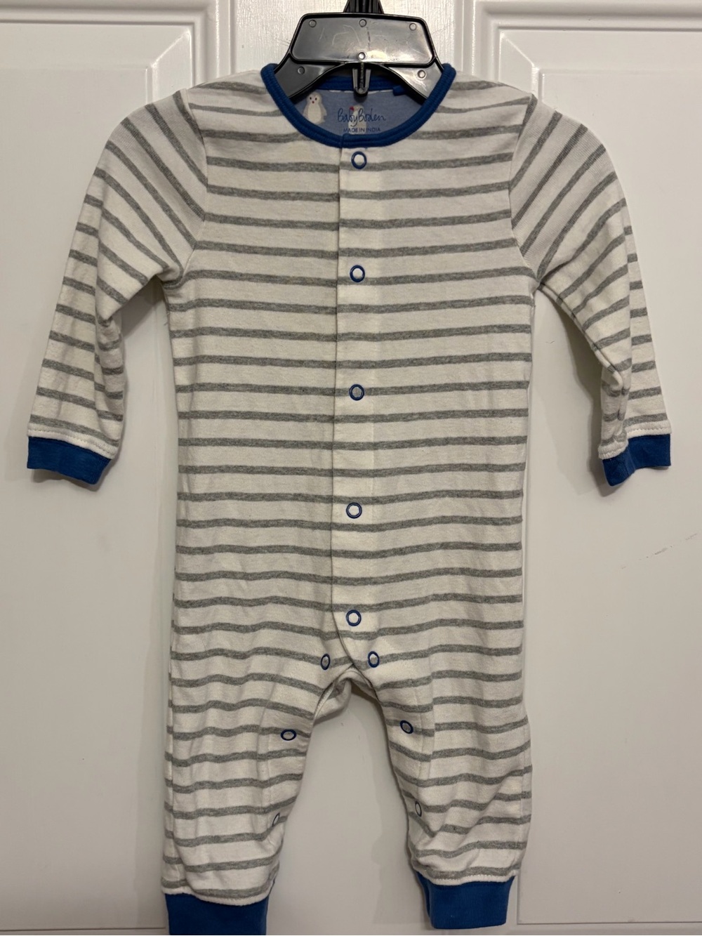 Baby Boden Gray & White Striped One-Piece with Blue Trim